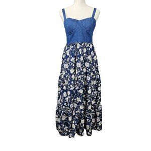 ❤️203 Band Of the Free Chambray Denim Floral Boho Tier Midi Dress